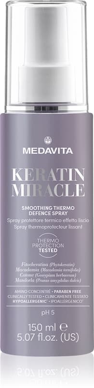Keratin Miracle Smoothing Thermo Defence Spray termoochronny spray stosowany podczas używania prostownicy i lokówki do włosów
