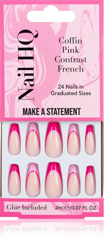 Coffin Pink Contrast French sztuczne paznokcie z klejem